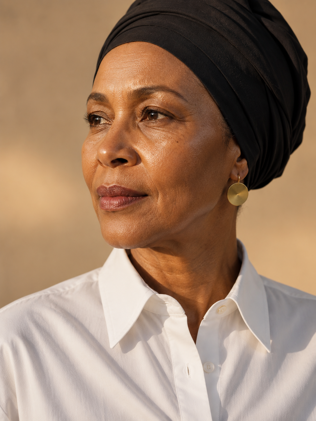 A poised woman looking towards the light